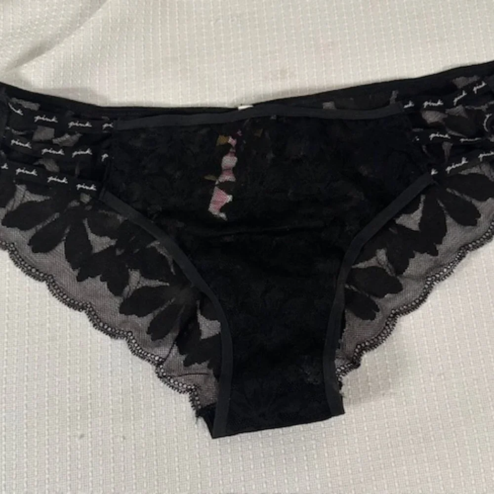 Victoria's Secret "Pink" Strappy Black Lace Floral Cheekster Panty  8350 - Picture 3 of 8